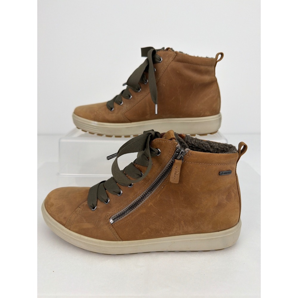Ecco Soft 7 GTX Leather Boots 41 Tan Gore-Tex Waterproof Faux Fur Lined Comfort